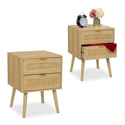 Relaxdays Nachttisch, 2er Pack, 2 Schubladen, Rattan, Holzoptik, HBT:...