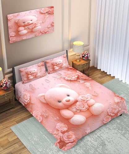 Image of 7D Flat Bedsheet 400TC Sheet Set, Kids Design bedsheet, Floral Design, Decorative Bedding with Daisy Pattern, Kids Room Decor, 90X100 Inch (Pink Teddy)