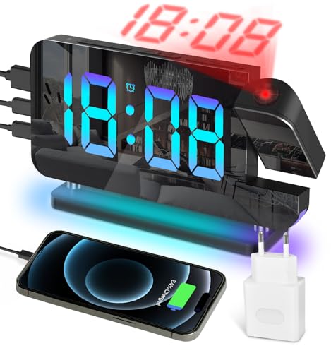 Reloj Despertador Digital con Proyección Reloj con Espejo LED de 7,4″, Snooze, Reloj de Proyector Giratorio 180º con Adaptador, 12/24H, Doble Puertos de Carga, Volumen Ajustable Brillo (RGB - Negro)