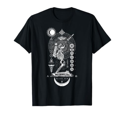 Black Sun Praying Skeleton - Occult Sacred Geometry T-Shirt