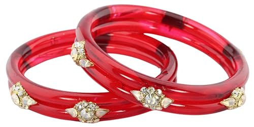 Image of NMII Diamond Glass Bangles Crystal Kada Set For Women & Girls Adorned with Golden Zircon Stones | Trending Girls Bangles Bracelet | Transparent Chudi Kangan For Wedding, Party, Daily, Ethnic- Set of 2