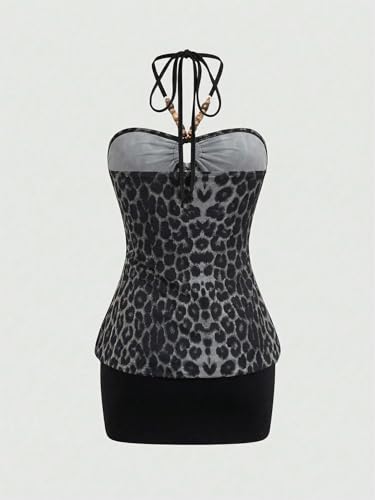 Image of Verdusa Women's Cheetah Print Y2K Dress Halter Bodycon Mini Party Dresses