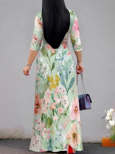 Image of SUZONANA Plus Size Dresses for Women Floral Print Maxi Dress Flowy 3 /4 Sleeve with Belt