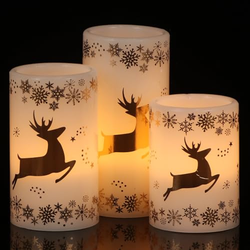 Image of GenSwin Christmas Flameless LED Flickering Candles, Real Wax, Gold Deer, 3 Pack Pillar Fake Candles for Winter Indoor Fireplace Decor (D3' x H4'5'6')