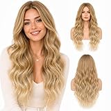 LUFFLOK Peluca Rubia Larga Ondulada Ombre de Pelo Sintético Natural Resistente al Calor 68cm para Mujeres, Uso Diario, Fiestas y Cosplay