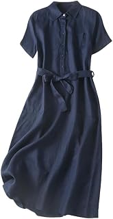 Vestido de verano para mujer, estilo literario, retro, holgado, con solapa, de color liso, manga corta, para arte casual y hogar