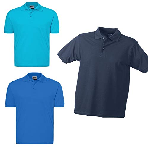 Lot 3 polos unis homme bleu marine roi turquoise en coton
