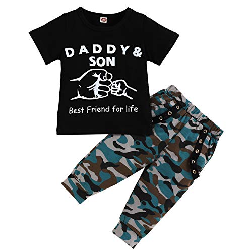 Toddler Baby Boy Clothes Daddy & Son Short Sleeve Top and Camouflage Long Pants Summer Outfit Set (Black, 9-12 Months)