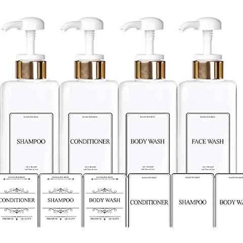 EZPRO USA Empty Plastic Square Bottles Pump Shampoo Conditioner Body Wash Face, in Shower Bathroom Dispenser, Waterproof Permanent Labels, 27oz 800ml Set of 4 (White Plastic, Gold White Pump) Cover