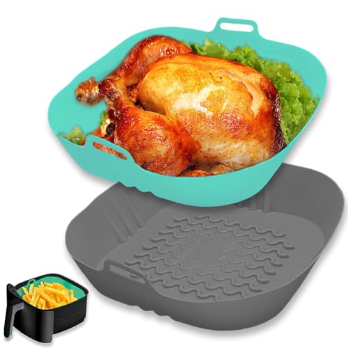 Echehi 2 pezzi Teglia Silicone Friggitrice ad Aria, Teglia per Friggitrice ad Aria da 20,5cm Riutilizzabile. Accessori Friggitrice ad Aria COSORI, Ninja, Tower. Verde Grigio