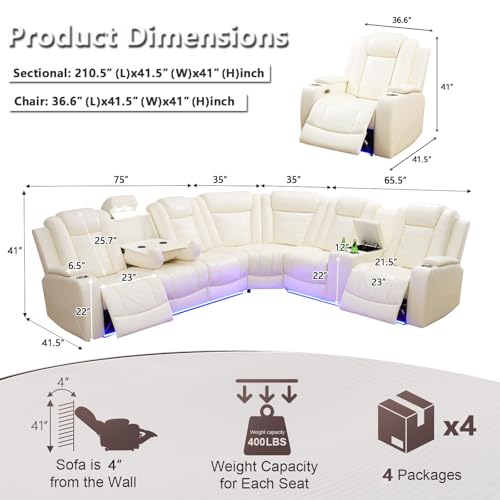 Image of Leather Power Recliner Sectional Sofa Set with LED Lights, L Shaped Reclining Sectional Couch and Chair, Breathing Leather Sofa Set with Coffee Table /USB Port for Living Room