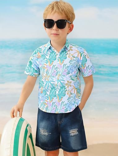 Image of Hawaiian Shirt for Boys Button Down Wrinkle Free Shirt Short Sleeve Funny Beach Casual Summer Print Top for Kids 4-15 Years