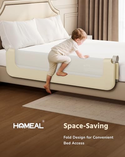 Image of HOMEAL Bed Rail for Toddlers - Swing Down Bed Guard with Double Reinforced Stability, Foldable Metal Safety Rail for King, Queen, Full & Twin Beds (Beige, 59in)