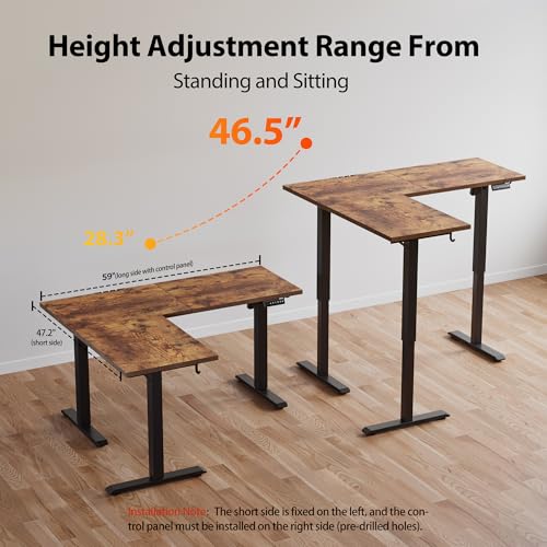 Image of Agilestic 59 Inch L Shaped Standing Desk Adjustable Height, Electric Corner Standing Desk, Sit Stand Computer Table with Splice Board, Rustic Brown