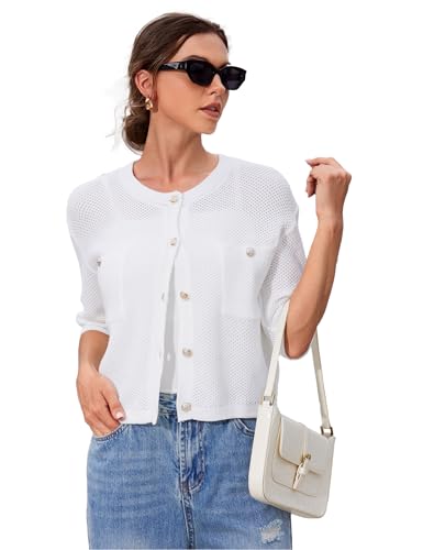 Image of SDEER Women's 2024 Button Down Cardigans 1 /2 Sleeve Casual Kint Sweaters Open Front Loose Fit Knit Blouses Tops with Pockets(White,XL)