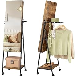 Estanterias Para Tintes SONGMICS Armario Joyero con Espejo y Cerradura de 6 LEDs, Organizador de Joyas con 4 Ruedas, Estante Almacenaje, Marrón Rústico y Negro Tinta JJC005X01