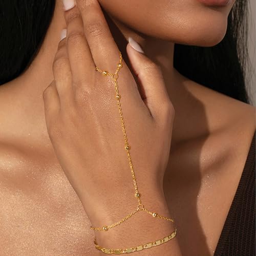 Gold & Silver Hand Chain Bracelet Set for Women Ring Bracelet CZ Beaded Layer Snake Link Chain Finger Jewelry Adjustable Hypoallergenic Trendy Hand Jewelry for Everyday Wear2