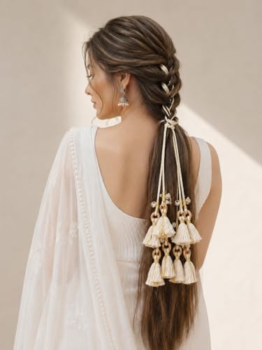 Image of Zippy Flora Handmade Shankh Boho Parandi | | Traditional Hair Accessory with Tassles | Hair Extension |Women's Patiala Shahi Paranda | Choti |Shankh Parandi (Off-white) | 22 Inches Length