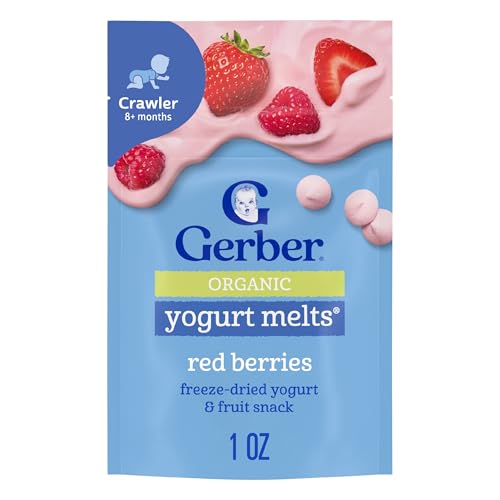 Gerber Stage 3 Baby Food Snacks Red Berries Organic Yogurt Melts Freeze Dried Yogurt and Fruit Snacks for Babies Baby Led Feeding 7-Pack