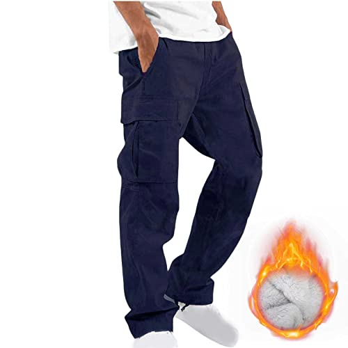 Muscularfit Mens Cargo Pants Elastic Waist Big and Tall Solid Multi Pockets Cotton Sweatpants Causal Plush Thickened Trousers2