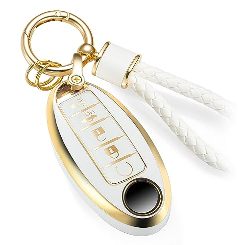 Image of for Nissan Key Fob Cover with Luxury Metal Braided Rope Keychain,Upgraded Soft Key Case for Nissan Key Shell (5 Button only) (Gold, Braided Rope)