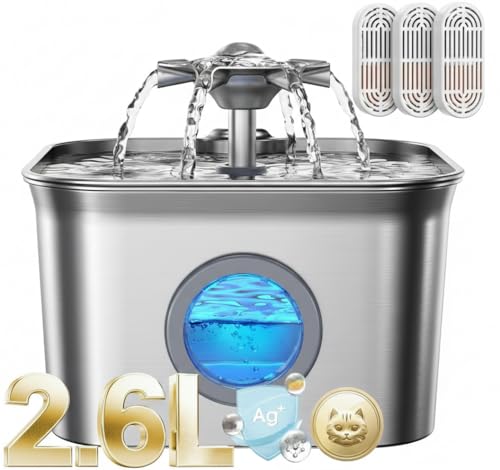 DuneCore Cat Water Fountain Stainless Steel 2.6L/88oz Automatic Pet Drinking Fountain with Quiet Pump Visible Water Level Multi-Stage Filtration for Cats and Multi-Pet Homes (Cat Water Fountain)