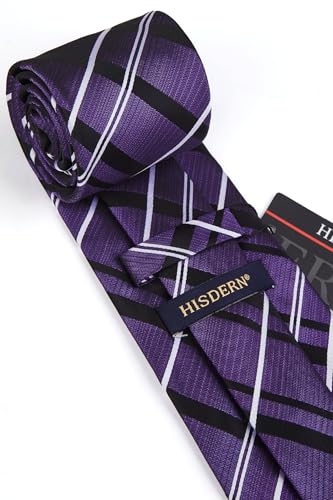 Image of HISDERN Mens Ties Set Stripe Plaid Ties for Men and Pocket Square Cufflinks Formal Silk Necktie Wedding Business