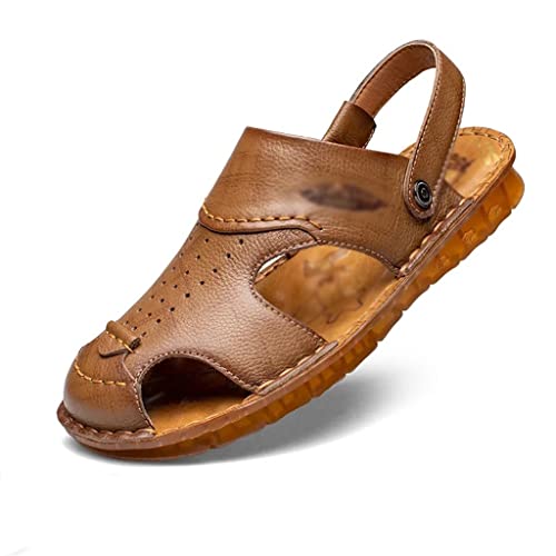 Men's Cowhide Beach Men's Shoes Casual Leather Cow Tendon Soft Sole Beach Men's Sandals Sandalias(43)