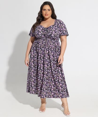 Image of CARCOS Plus Size Dresses for Curvy Women Tie Sweetheart Neck Summer Maxi Dress Short Sleeve Empire Waist Floral Boho Dress