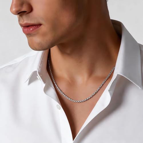 CLASICOMIS 2 Pcs Stainless Steel Box Chain Necklace for Men, 3mm Silver and Black Mens Necklace Chain Set (24, Inches, 3, Millimeters) — view 3