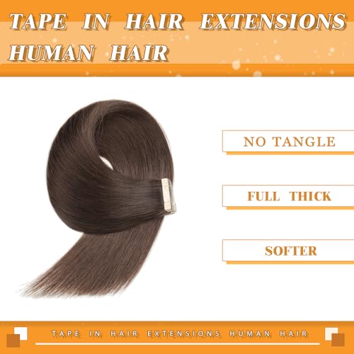 Image of YDDM 20 Inch Tape in Hair Extensions Human Hair, Dark Brown 20pcs 100% Remy Human Hair Straight Seamless Invisible Tape in Hair Extensions(2#, 20 Inch)