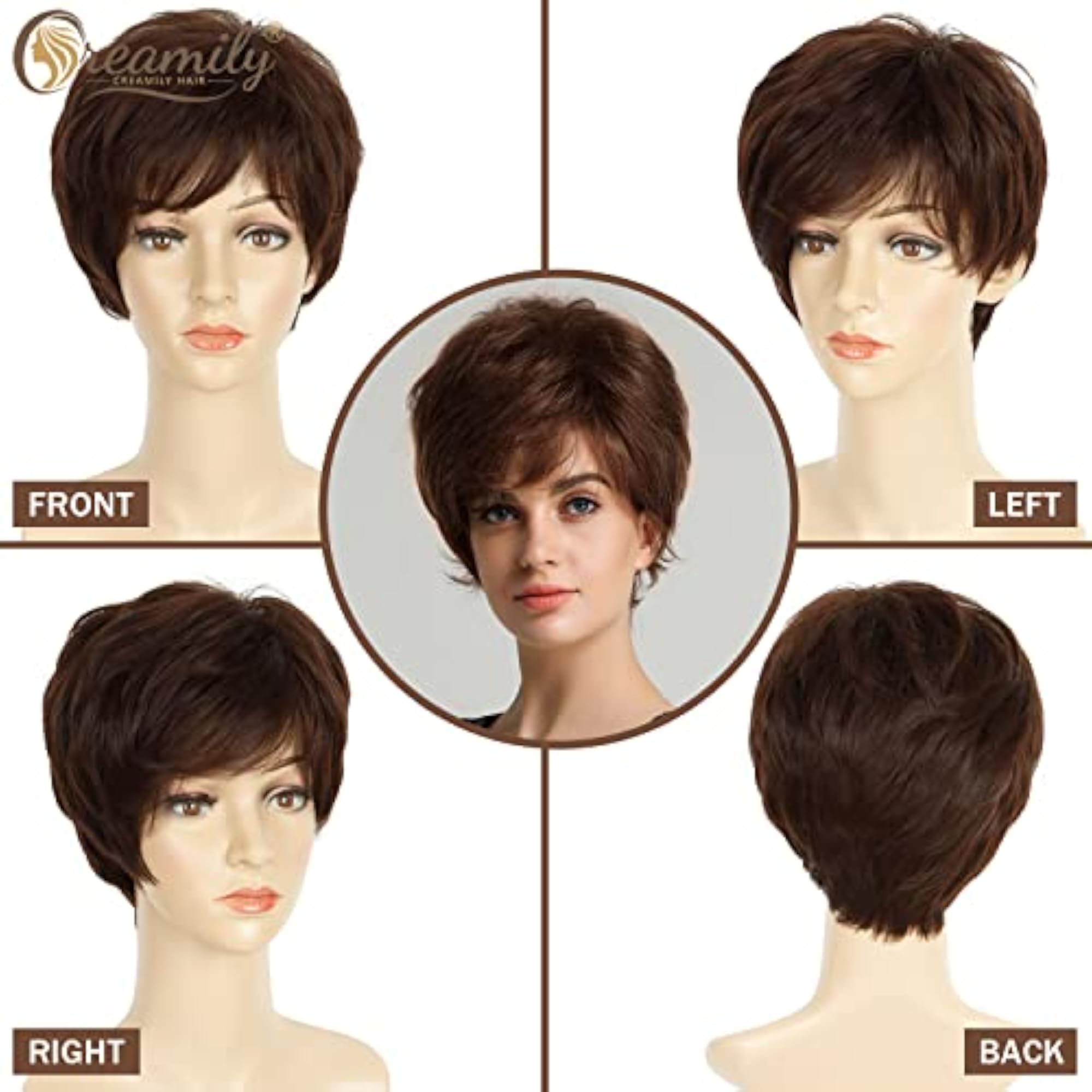 Short Brown Pixie Cut Wigs with Bangs for Women