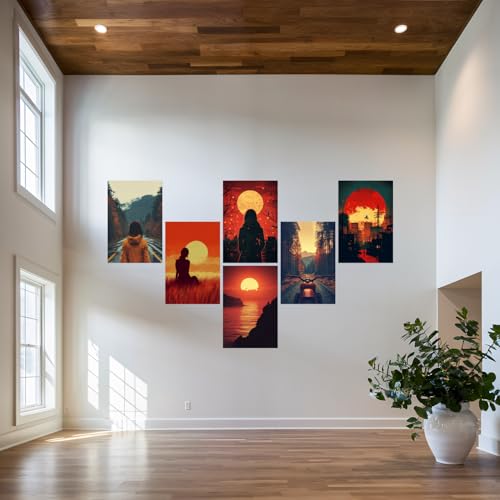 Image of SiddArtify Sunset Silhouette Wall Art Poster Print Set - Modern Landscape Decor for Living Room Bedroom Office - 12x18 inch Sticker Pack of 6