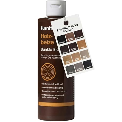 Furniture Clinic Holz-Beize und Moebel-Lasur (Dunkle Eiche). Ungiftig. Hochkonzentrierte Holzbeize. Schnelltrocknend. Beize für alle Holzarten im Innen und Außenbereich 250 ml