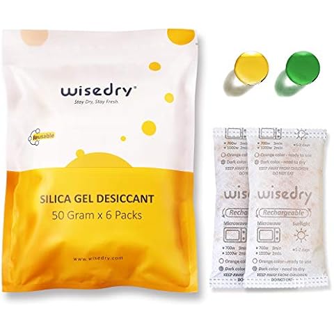 wisedry Silica Gel packs Sachets Bags 50 Gram [6 PACKS] with Orange Beads Humidity Indicator Desiccant Dehumidifier for Air Dryer Moisture Removal, Food Grade Cover