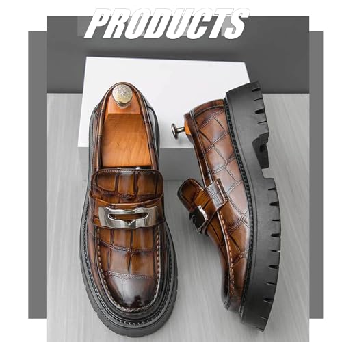 Men's Patent Leather Printed Platform Loafers Retro Round Toe Lug Sole Anti-Slip Formal Business Slip-On Shoes Casual Work Penny Loafers2