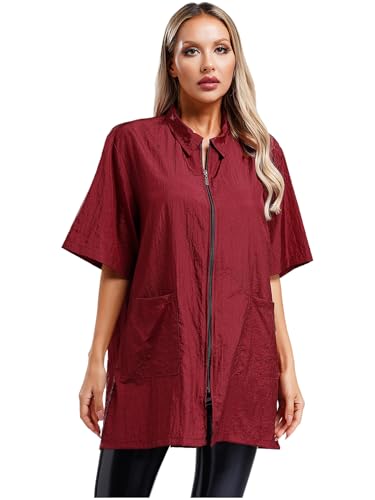 YiZYiF Damen Kittel Berufskleidung Friseur Hundefriseur Schürze Kurzarm Mit Tasche Für Barbier SPA Salon Haustierklinik Burgundy XL