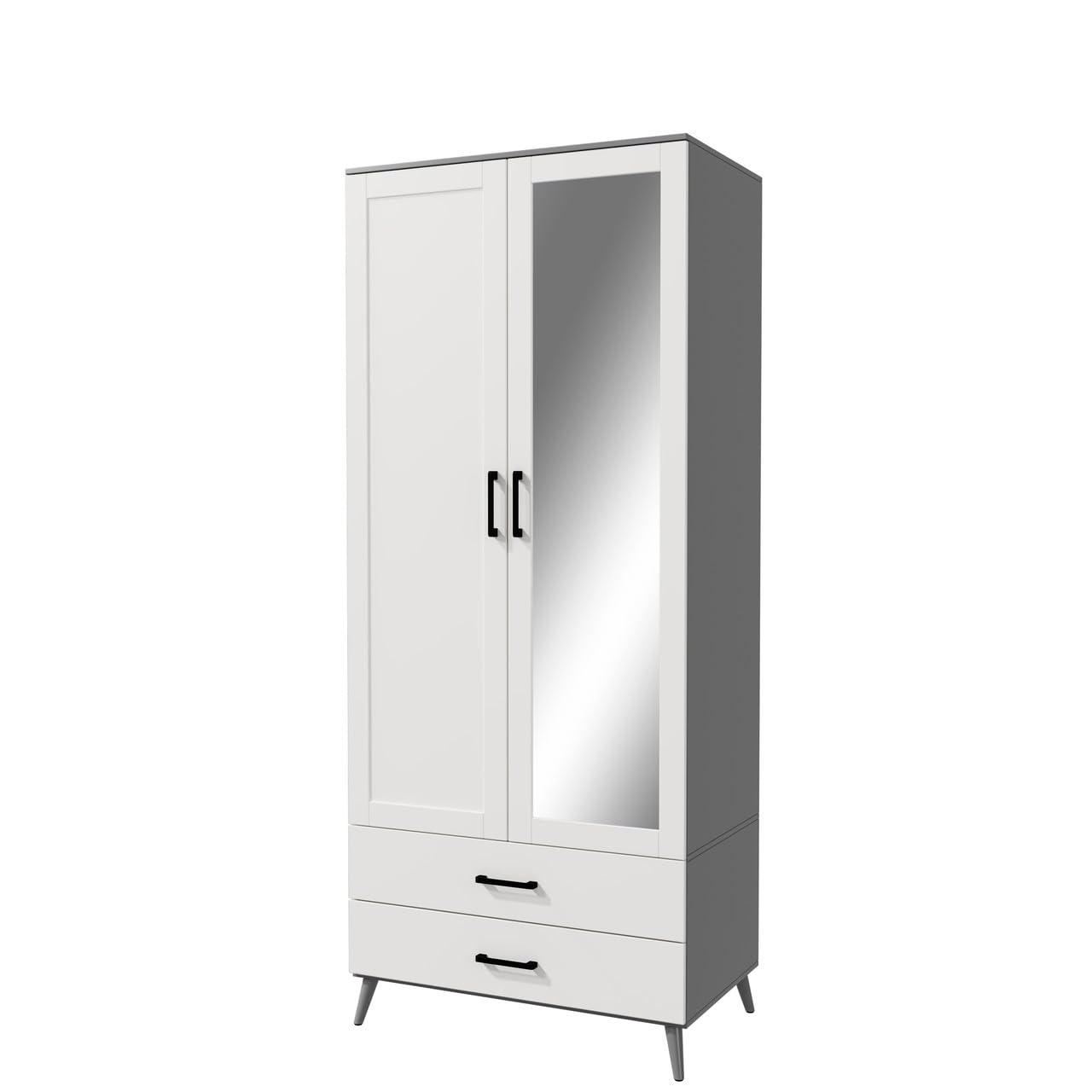 URBNLIVING 180cm Tall Grey Freestanding Mirror Wardrobe 2 Door 2 Drawer Modern Shelf Clothes Storage Cupboards Unit for Bedroom Hanging Rail with Wooden legs