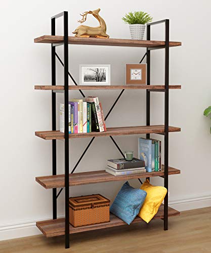 45MinST 5-Tier Vintage Industrial Style Bookcase/Metal and Wood Bookshelf Furniture for Collection,Vintage Brown
