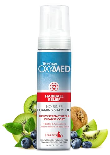 TropiClean Oxymed Waterless Cat Shampoo and Conditioner | A No-Rinse Cat Wash for Hairball Relief | 7.4 oz