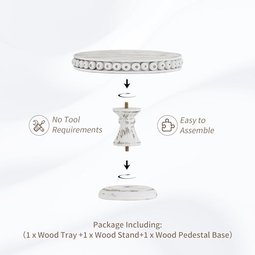 Hanobe Small Wood Cake Stand: White Cupcake Pedestal Stand 8 inch Dessert Display Riser Rustic Round Cakes Holder Tray Vintage Beads Wooden Plate for Wedding Birthday Decor - Image 6