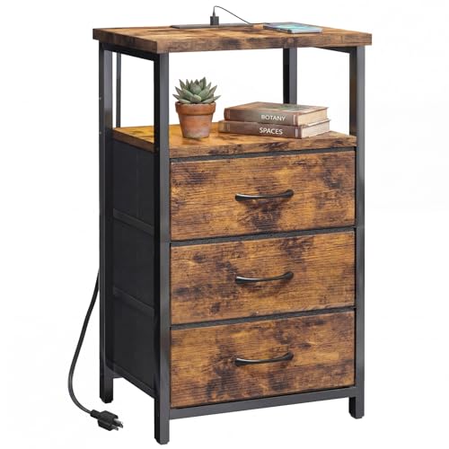 Image of Fixwal Night Stand with 3 Fabric Drawers, Nightstand for Bedroom, Bedside Table with Charging Station End Table with Storage, Rustic Brown