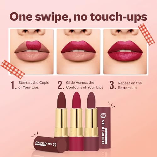 Image of Colors Queen Lippie Pack of 3 Matte Lipsticks for Women Enriched with Jojoba Oil & Vitamin E | Lightweight & Long Lasting | Creamy Smooth Texture, Nourishing Formula | One Swipe Application (Combo - 03, 15g)