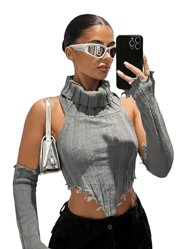 Image of GORGLITTER Women's Turtleneck Sleeveless Asymmetrical Hem Crop Sweater Vest with Arm Sleeves Grey X-Small
