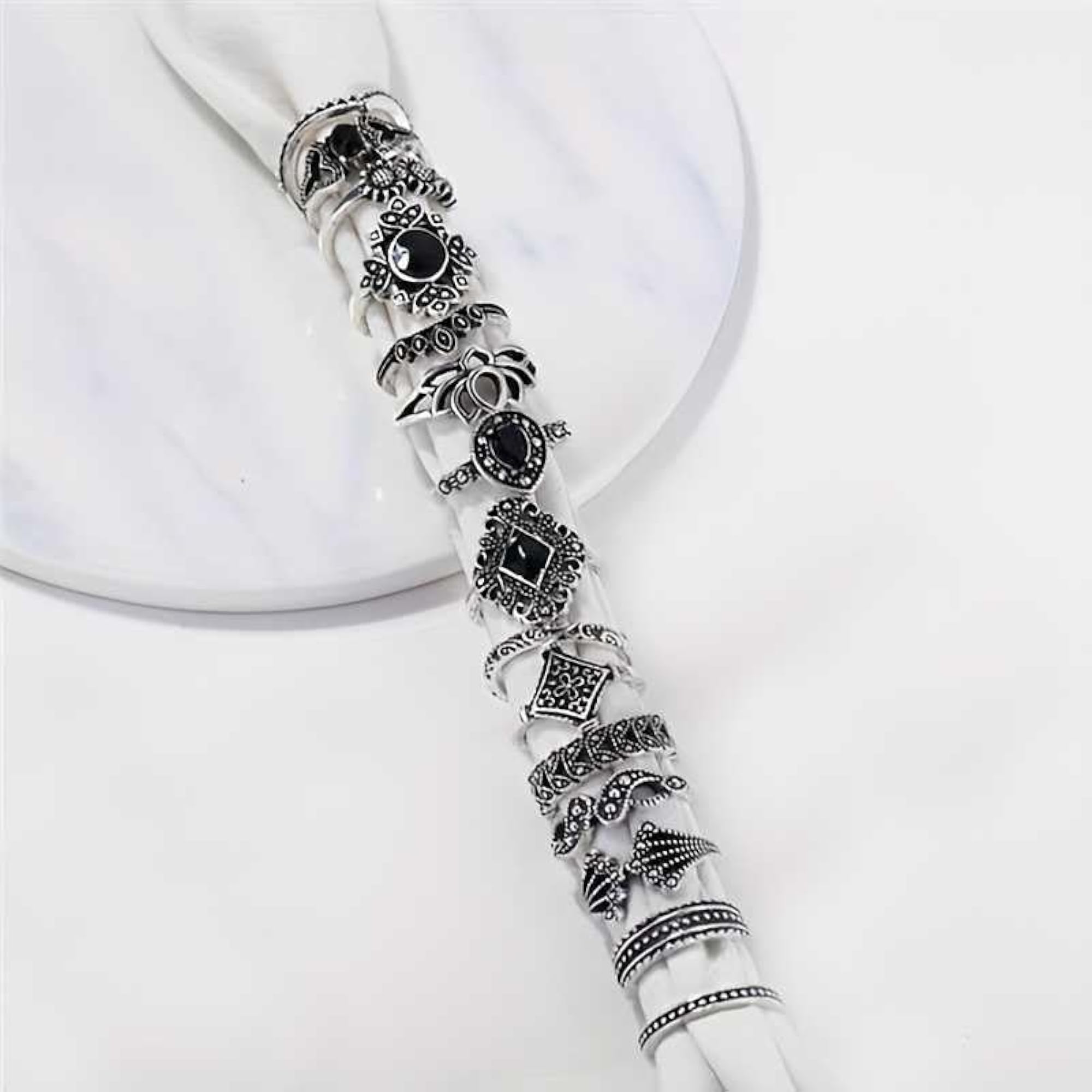 Bohemian Vintage Silver Ring Combo, Cubic Zirconia Stackable Rings (Silver)