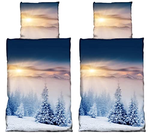 Leonado Vicenti 4 TLG. Thermofleece Bettwäsche 135x200 cm Winterlandschaft Schnee Tannen Winter Flausch warm Sparset mit Reißverschluss