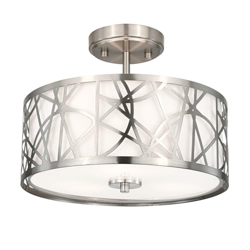Edwarmlux 3-Light Semi Flush Mount Ceiling Light, 12.6" Drum Light with White Fabric Shade, Modern Close to Ceiling Lamp for Living Room Bedroom Dining Kitchen Hallway Entry Foyer (Brushed Nickel)