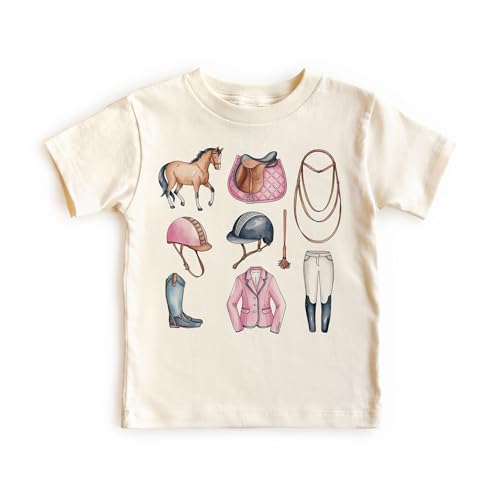Girls Pink Horseback Riding Doodles Shirt - Cute Equestrian Horse English Style Aesthetic Outfit - Natural Toddler Youth Tee