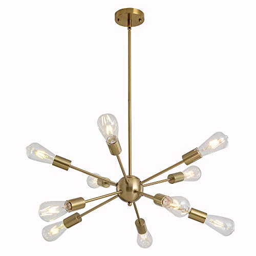 Get Discount 70% Price Sputnik Chandelier Lighting Adjustable 10 Light Brushed Brass Finish Modern Pendant Lighting Gold Vintage Modern Ceiling Lamp Fixture for Dining Room