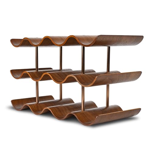 TRUDING Countertop Wine Rack - 12 Bottle Freestanding Wine Bottle Holder Stand - 3 Tier Wooden Wine Storage Rack - Walnut Wavy Wine Organizer for Cabinet Pantry Home Kitchen Bar